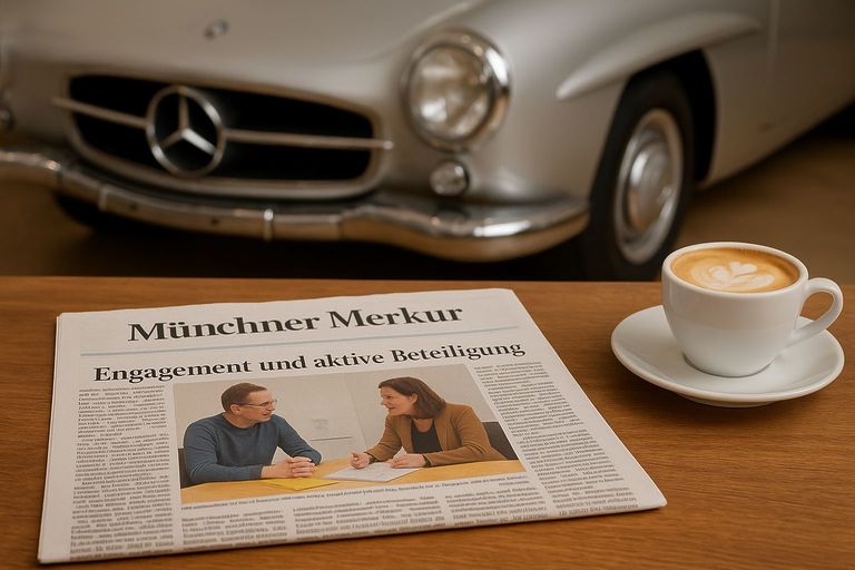Zeitung auf Tisch neben Kaffee ud Mercedes-Benz 190 SL